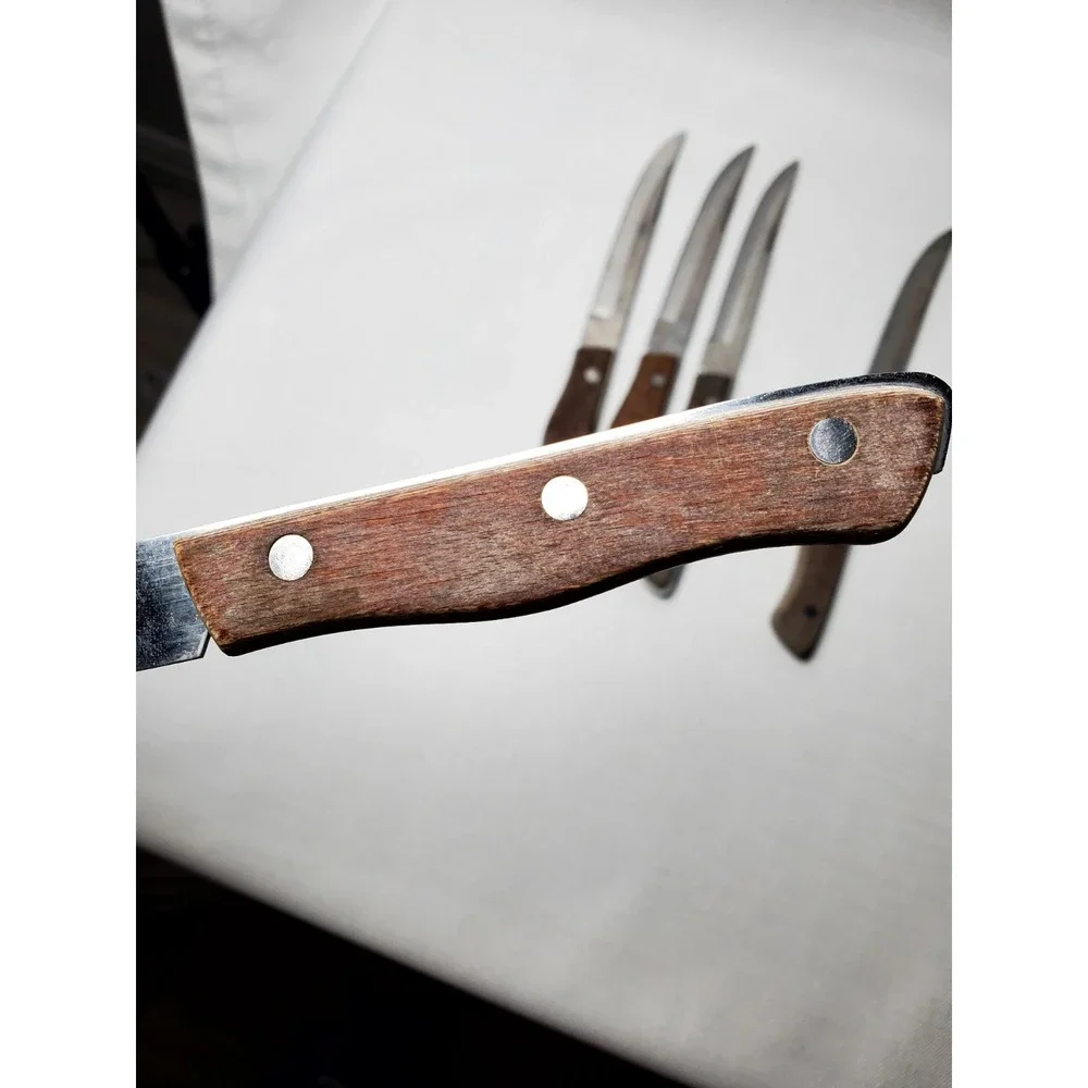 Vintage Maxam‎ Steel Steak Knife Set 6pc Serrated Blades Japan Wood Handles